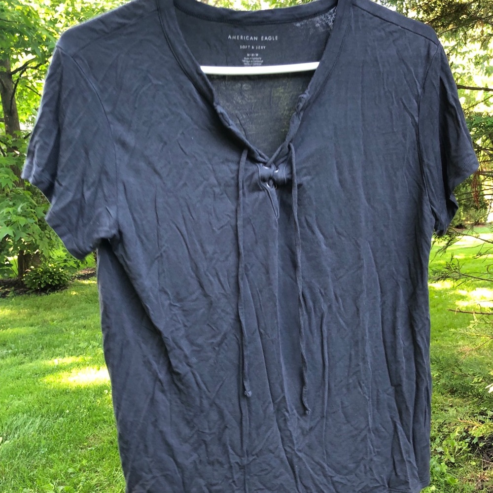 Grey AE Shirt-Sleeve Top with V-Neck Tie Up
